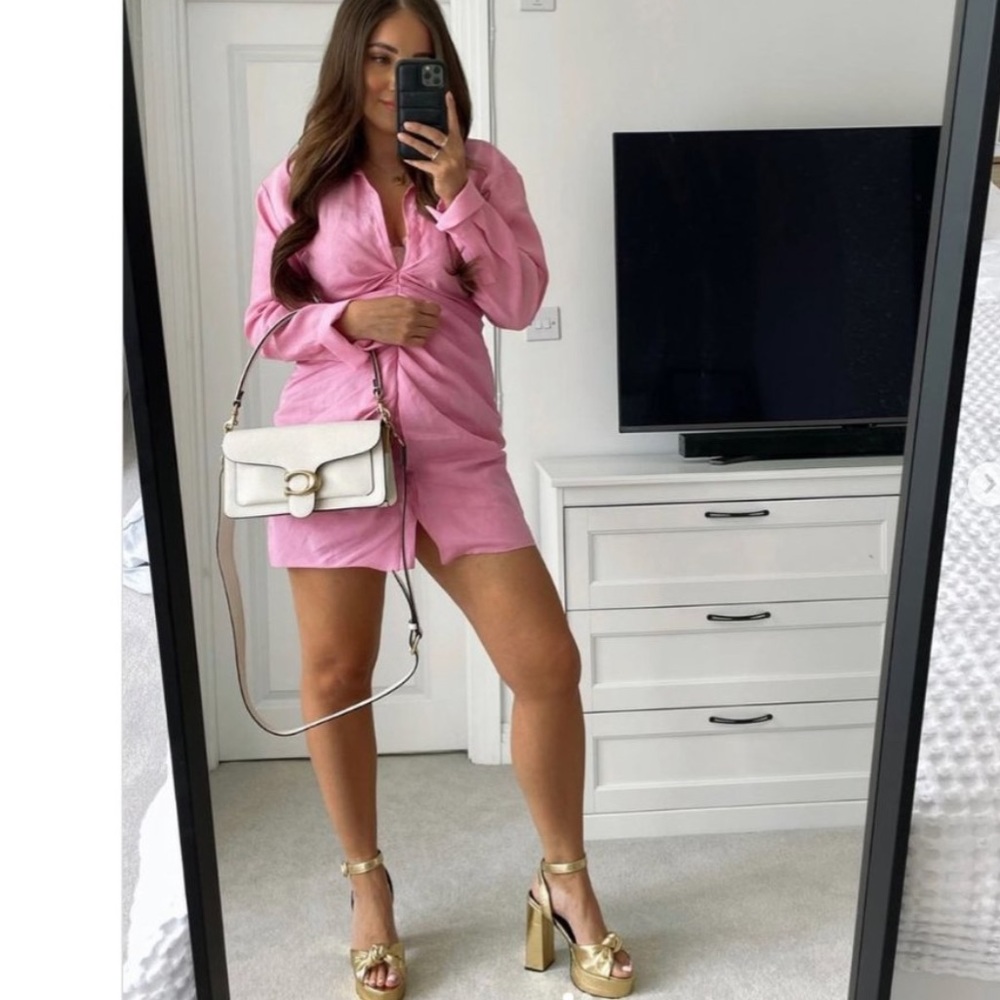 Zara long sleeves pink v neck mini dress — collared blazer style ruched detail - Picture 4 of 10